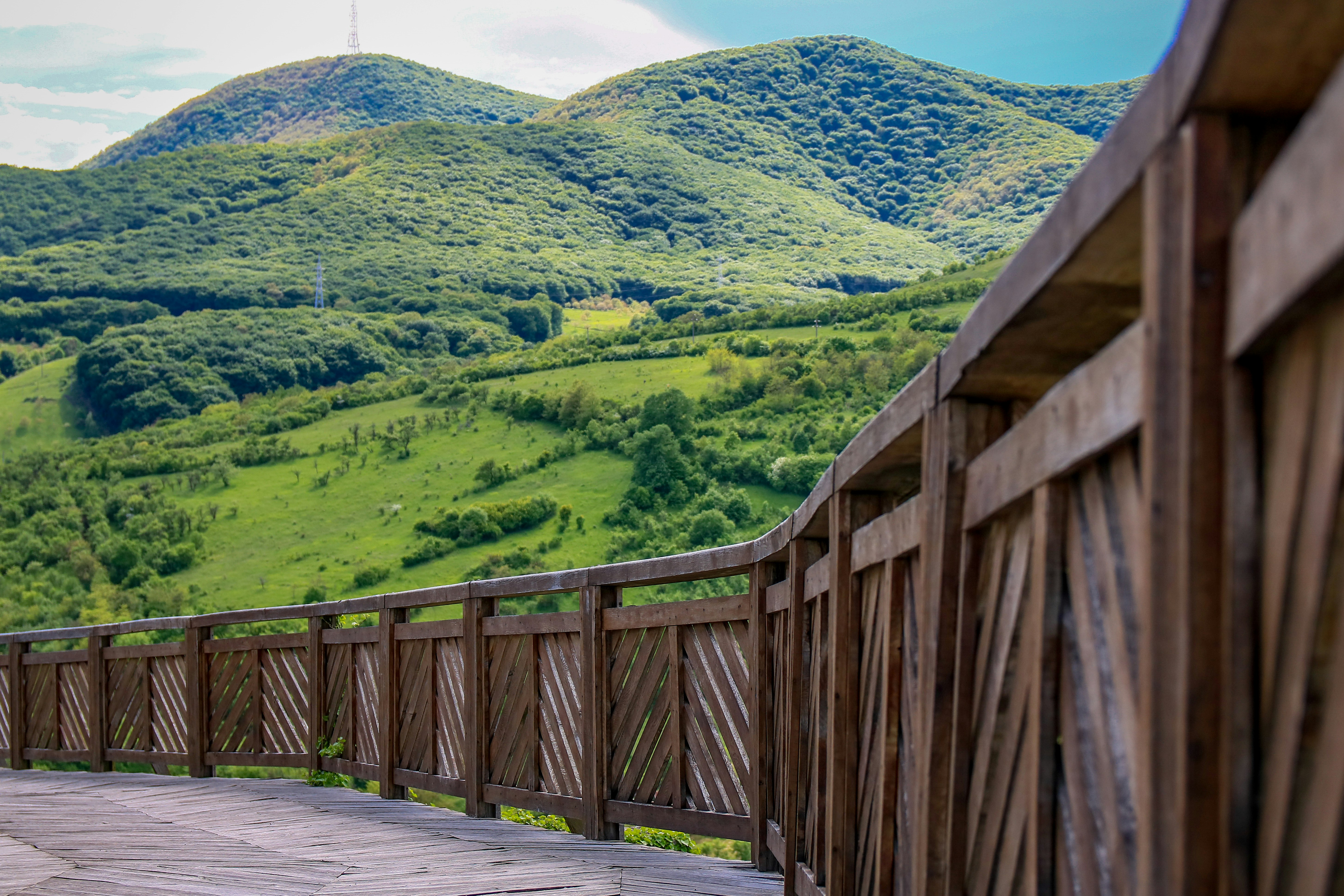 brown wooden bridge over green mountains during daytime